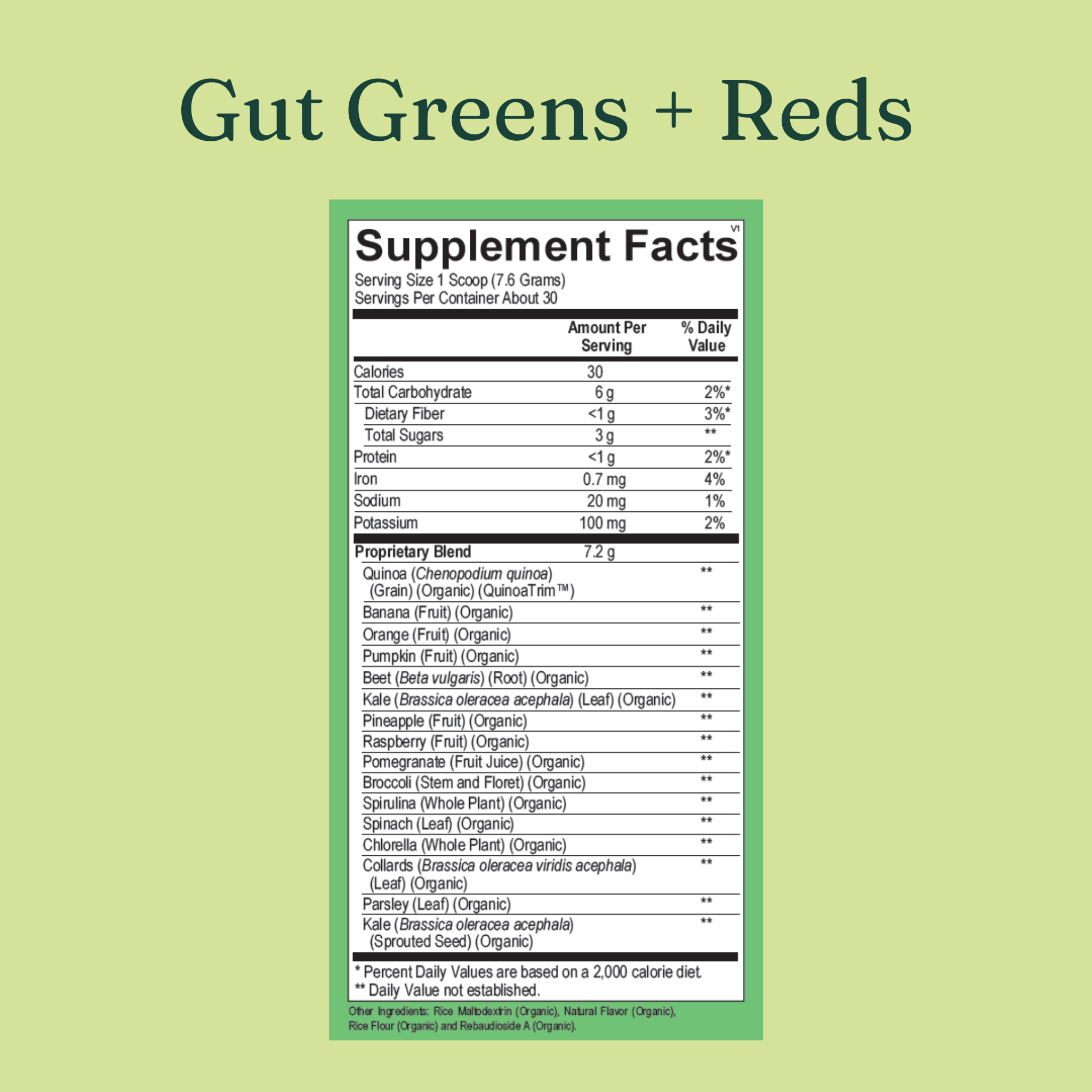 image of the list of supplement facts of gut greens + reds by gutpersonal