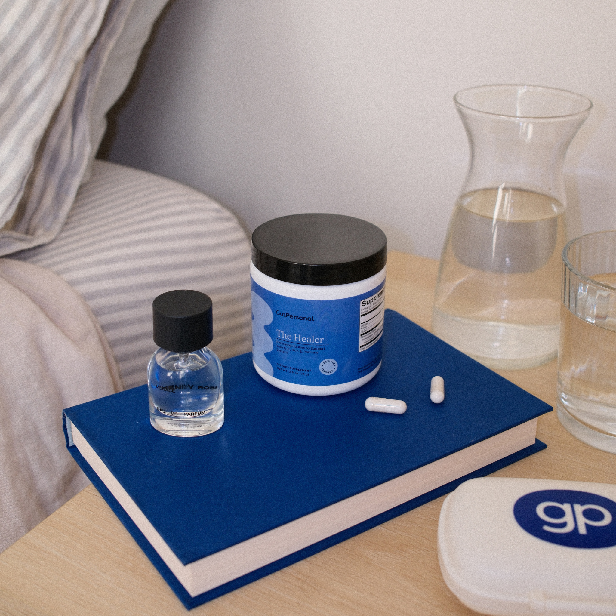 the healer supplement sitting on bedside table