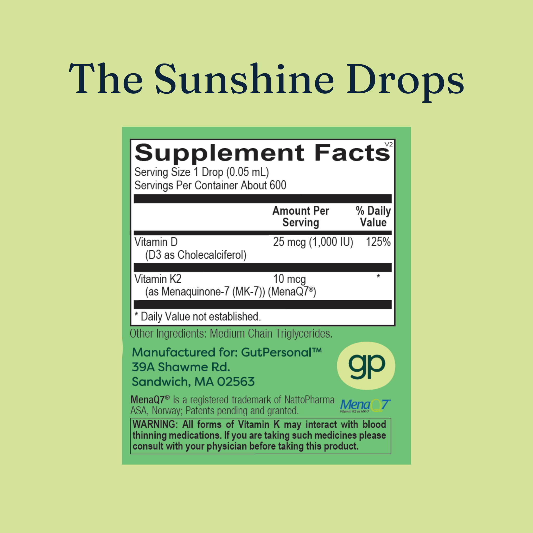 image of the list of supplement facts inside the sunshine drops by gutpersonal